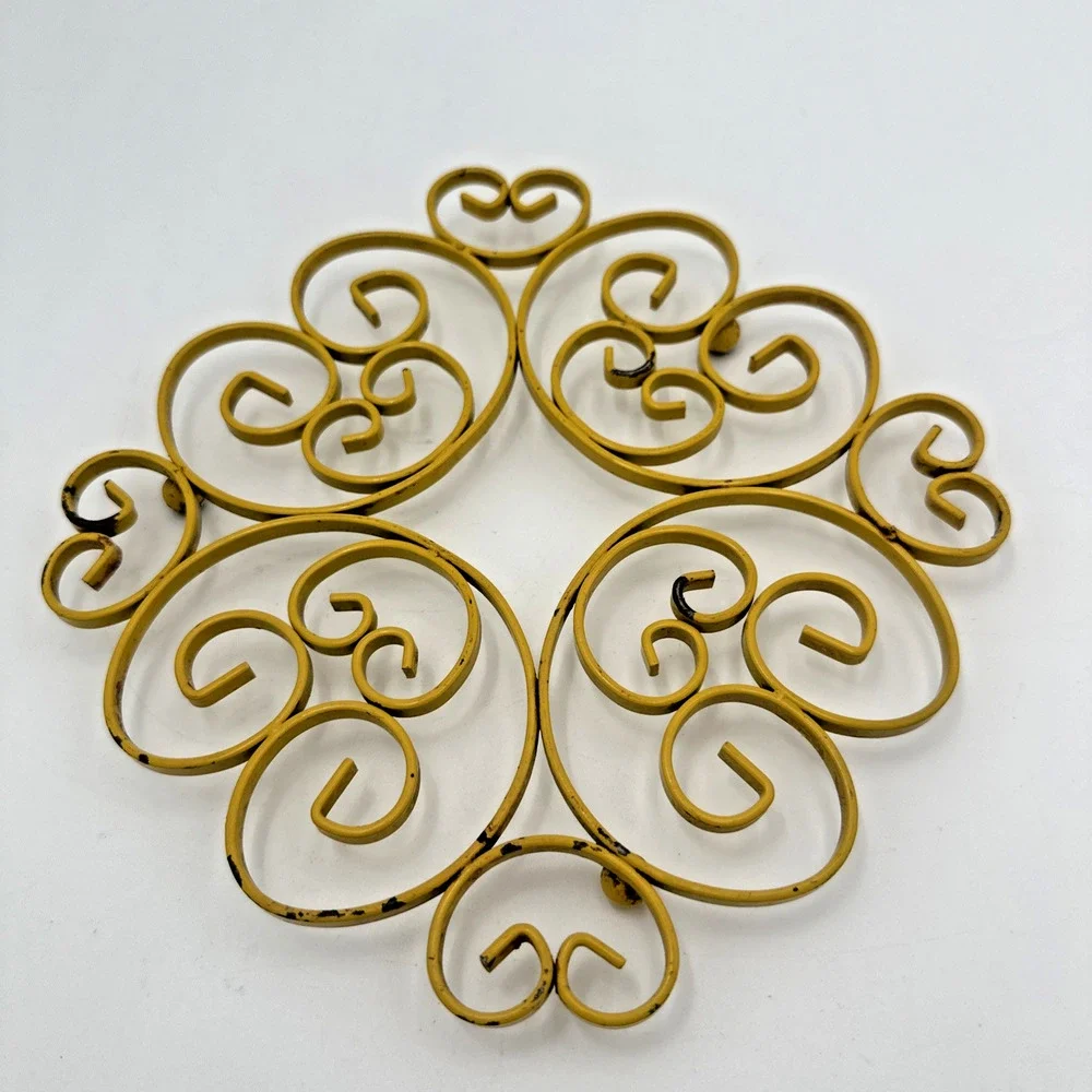 Vintage Metal Trivet Retro Harvest Gold Swirly Scroll Shaped